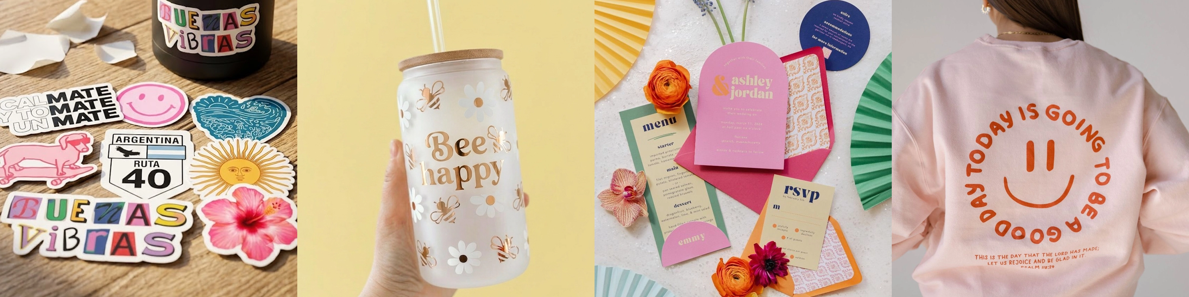 Ejemplos de productos que se pueden crear con un plotter de corte: stickers, etiquetas, calcomanías y vinilos